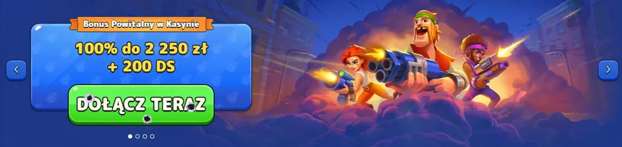 Pistolo casino bonus – baner pakietu 100% do 2 250 zł + 200 DS z przyciskiem Dołącz teraz
