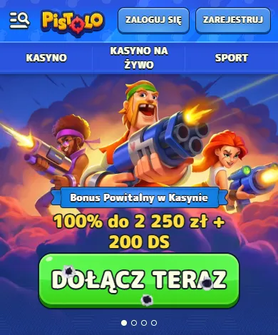 Pistolo Casino Poland – wersja mobilna z zakładkami Kasyno, Kasyno na żywo, Sport