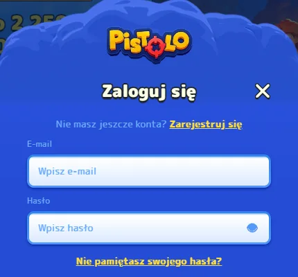 Pistolo – okno logowania z polami e-mail i hasło